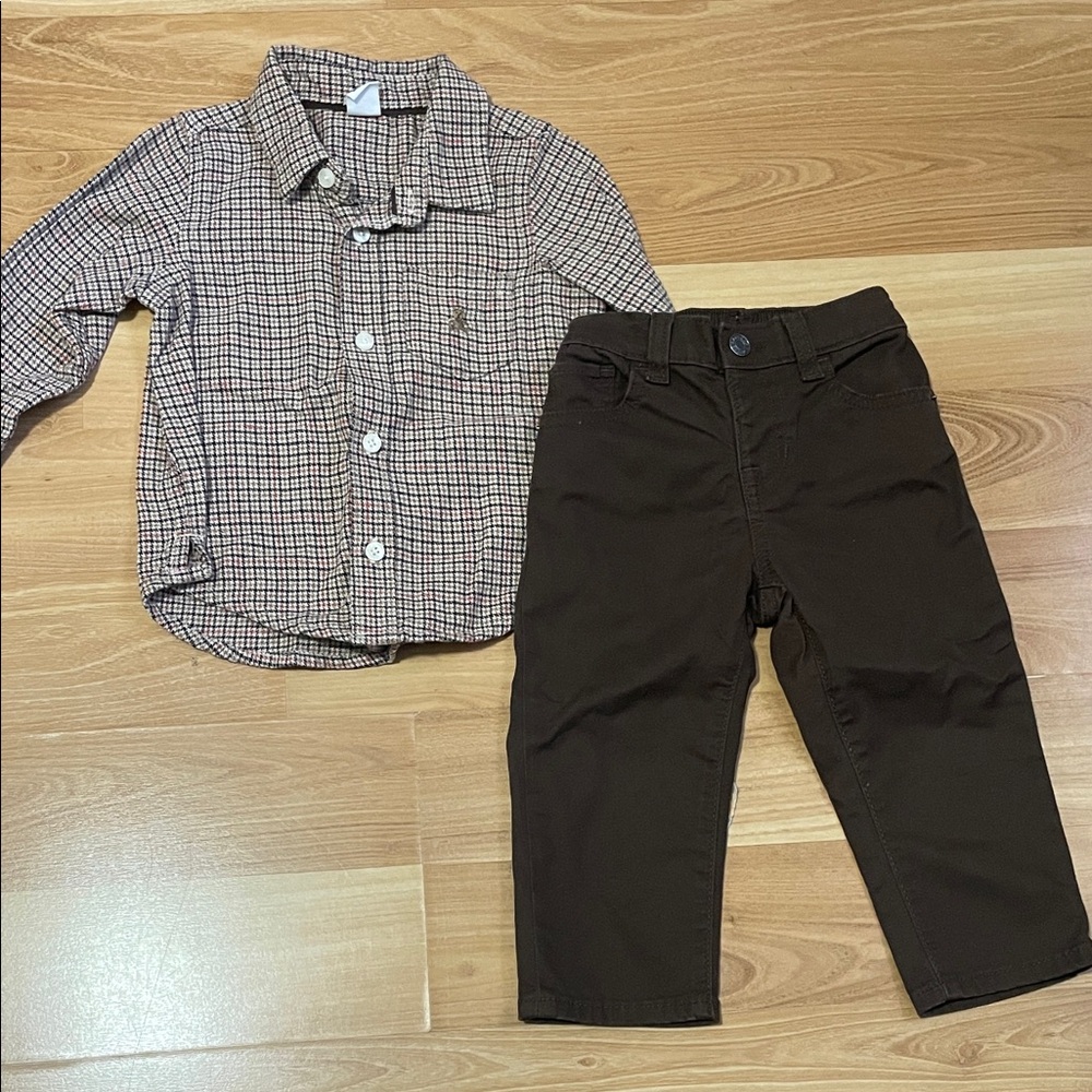 GAP Kids Plaid Button Down Shirt and Dark Brown Pants